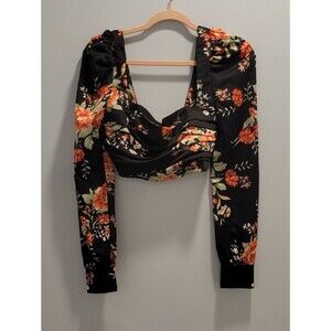 Nookie Black Floral Puff-Sleeve Crop Top with Orange Blooms WOMEN SIZE S NWT S/E